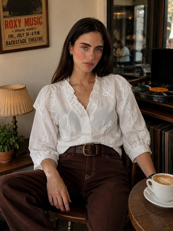 Retrobird Léonie Çiçek Aplikeli Fırfırlı V Yaka Kar Beyaz Gömlek