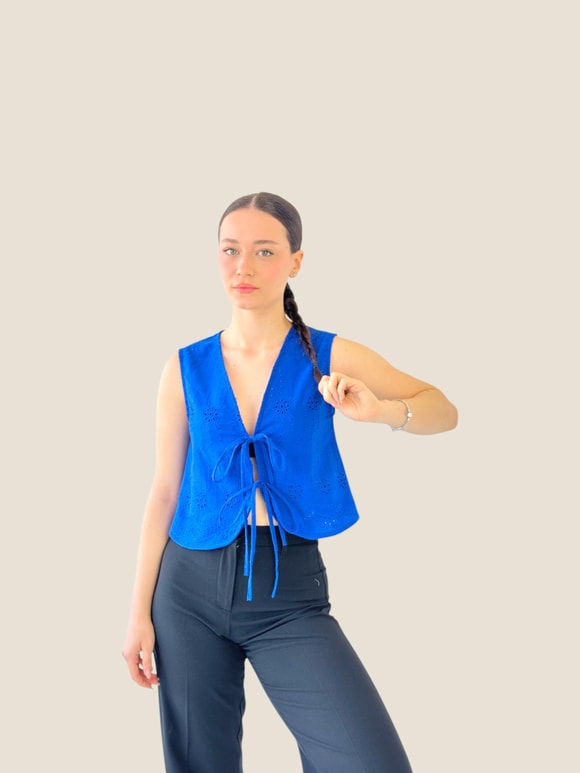 Retrobird Önden Bağcıklı Saks Mavi Yelek Bluz Üst