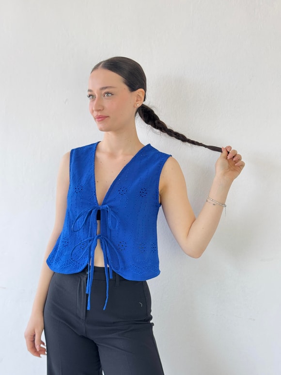 Retrobird Önden Bağcıklı Saks Mavi Yelek Bluz Üst
