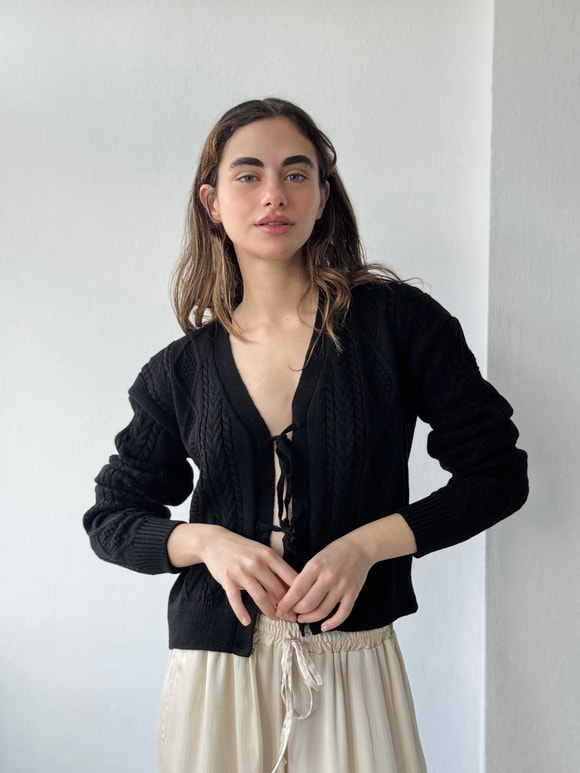 Retrobird Front-Tie Black Cardigan