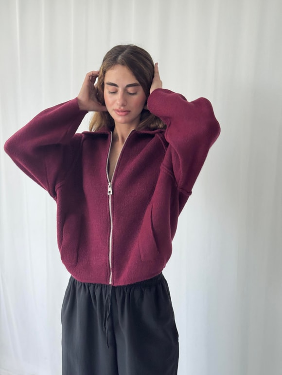 Retrobird Önden Fermuarlı Polo Yaka Bordo Ceket Hırka