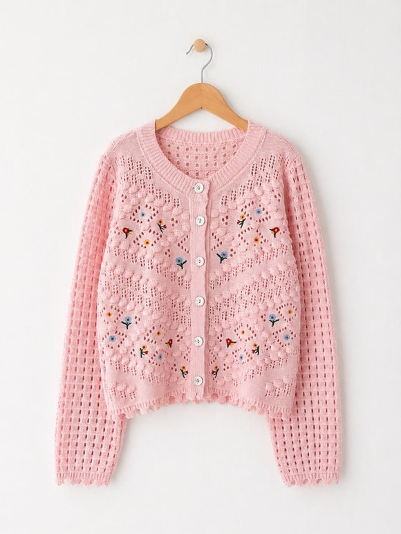 Retrobird Pembe Nakış İşlemeli Romantik Hırka