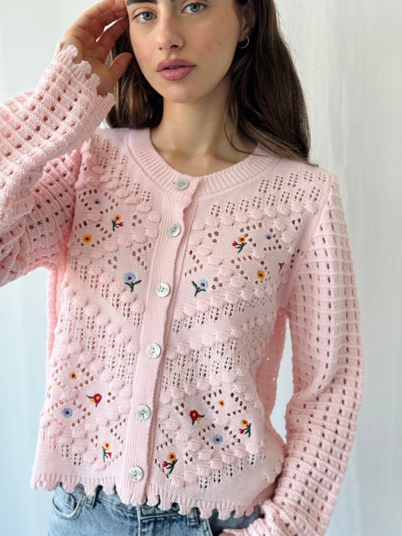 Retrobird Pembe Nakış İşlemeli Romantik Hırka
