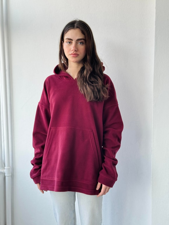 Retrobird Polar Kışlık Oversize Unisex Kapüşonlu Bordo Sweatshirt