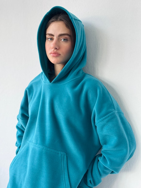 Retrobird Polar Kışlık Oversize Unisex Kapüşonlu Petrol Sweatshirt