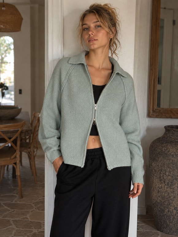 Retrobird Rosalie Oversize Polo Yaka Çift Fermuarlı Buz Mavi Triko Hırka