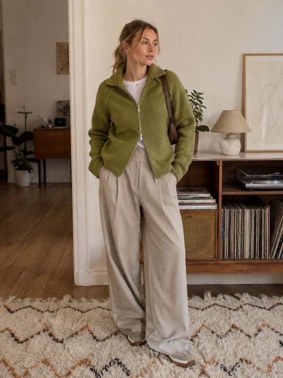Retrobird Rosalie Oversize Polo Yaka Çift Fermuarlı Haki Triko Hırka