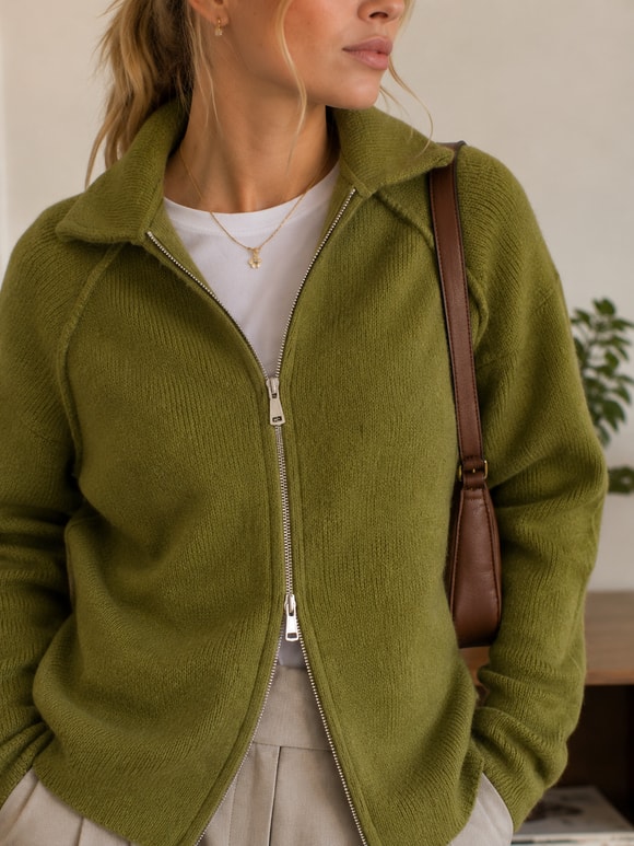 Retrobird Rosalie Oversize Polo Yaka Çift Fermuarlı Haki Triko Hırka