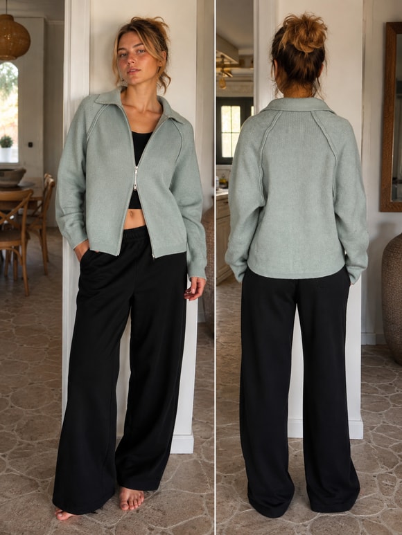 Retrobird Rosalie Oversize Polo Yaka Çift Fermuarlı Buz Mavi Triko Hırka