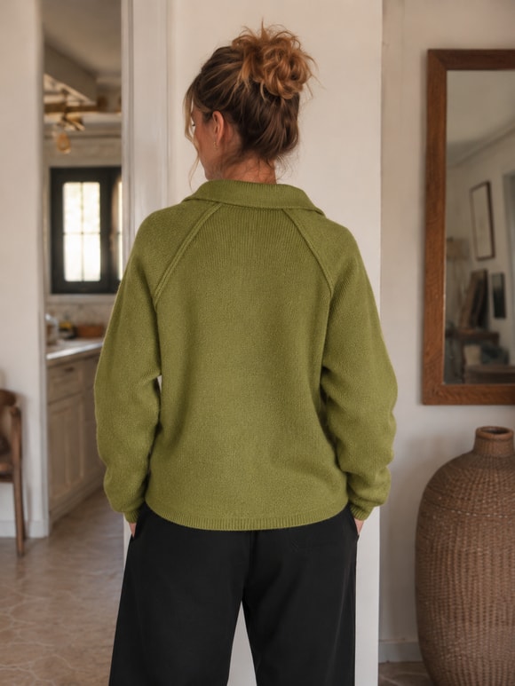 Retrobird Rosalie Oversize Polo Yaka Çift Fermuarlı Haki Triko Hırka