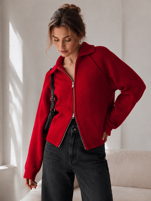 Retrobird Rosalie Oversize Polo Yaka Çift Fermuarlı Kırmızı Triko Hırka