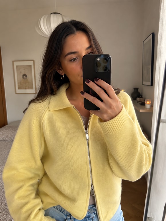 Retrobird Rosalie Oversize Polo Yaka Çift Fermuarlı Sarı Triko Hırka