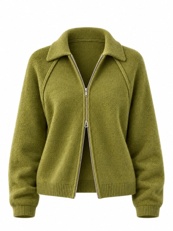 Retrobird Rosalie Oversize Polo Yaka Çift Fermuarlı Haki Triko Hırka