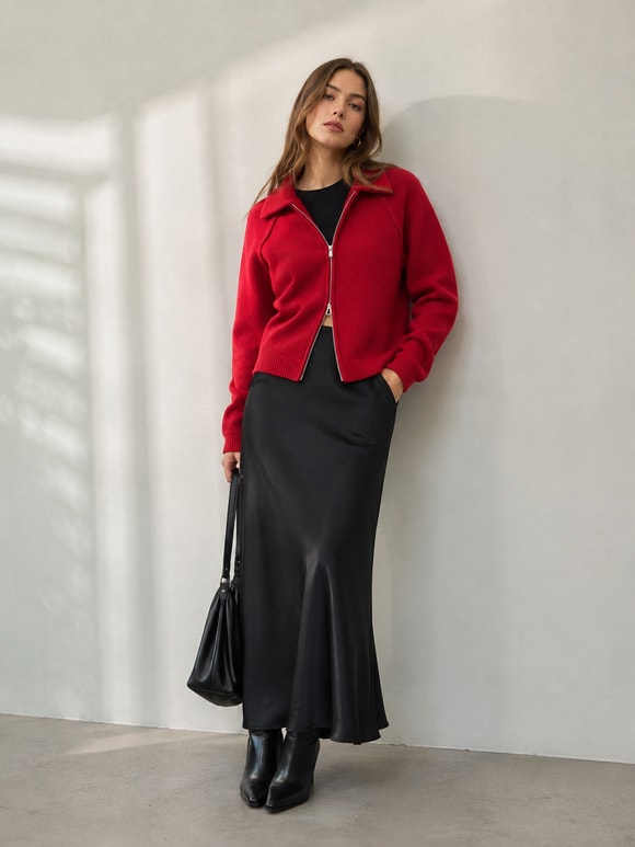 Retrobird Rosalie Oversize Polo Yaka Çift Fermuarlı Kırmızı Triko Hırka