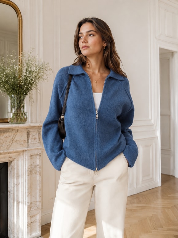 Retrobird Rosalie Oversize Polo Yaka Çift Fermuarlı Lacivert Triko Hırka