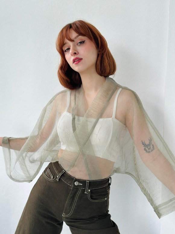 Retrobird Haki Renkli Organze Tasarım Mini Kimono