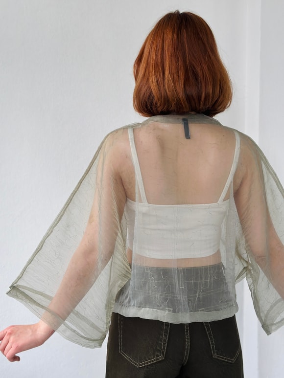 Retrobird Haki Renkli Organze Tasarım Mini Kimono