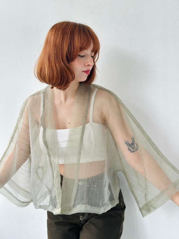 Retrobird Haki Renkli Organze Tasarım Mini Kimono