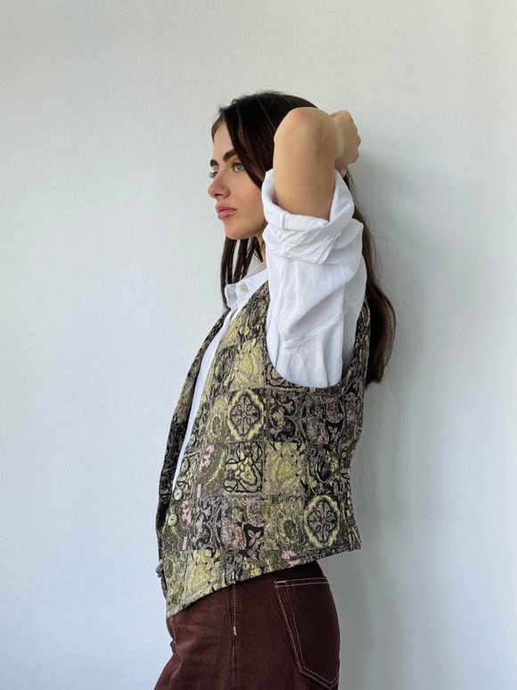 Retrobird Design Five-Button V-Neck Multicolored Classic Vest