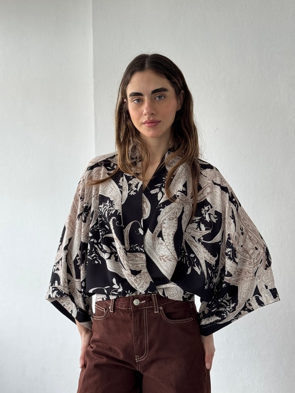 Retrobird Tasarım Boho Desen Siyah Mini Kimono