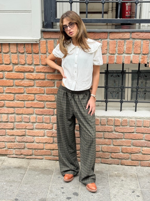 Retrobird Design Loose Cut Dark Khaki Relax Trousers