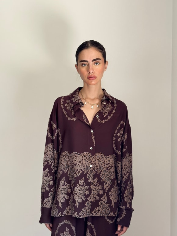 Retrobird Tasarım Koyu Kahverengi Boyfriend Gömlek