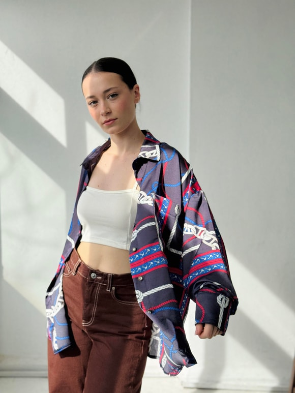 Retrobird Tasarım Marin Desenli Boyfriend Gömlek