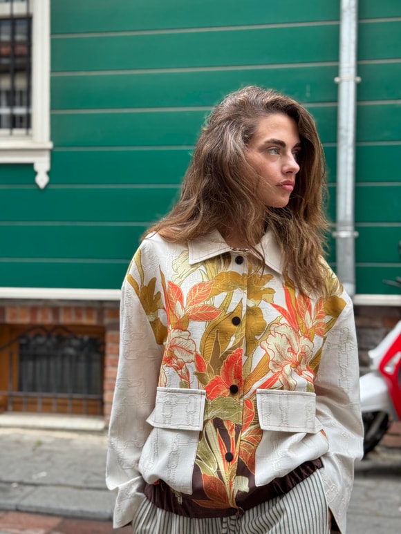 Retrobird Tasarım Yaprak Desenli Brooklyn Bomber Ceket