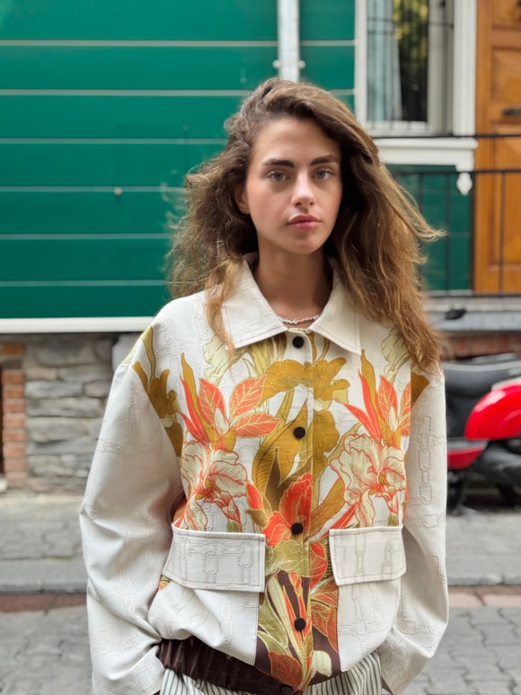 Retrobird Tasarım Yaprak Desenli Brooklyn Bomber Ceket