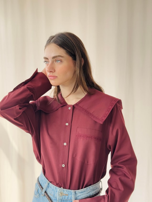 Retrobird Tasarım Dantelli Bebe Yaka Bordo Gömlek