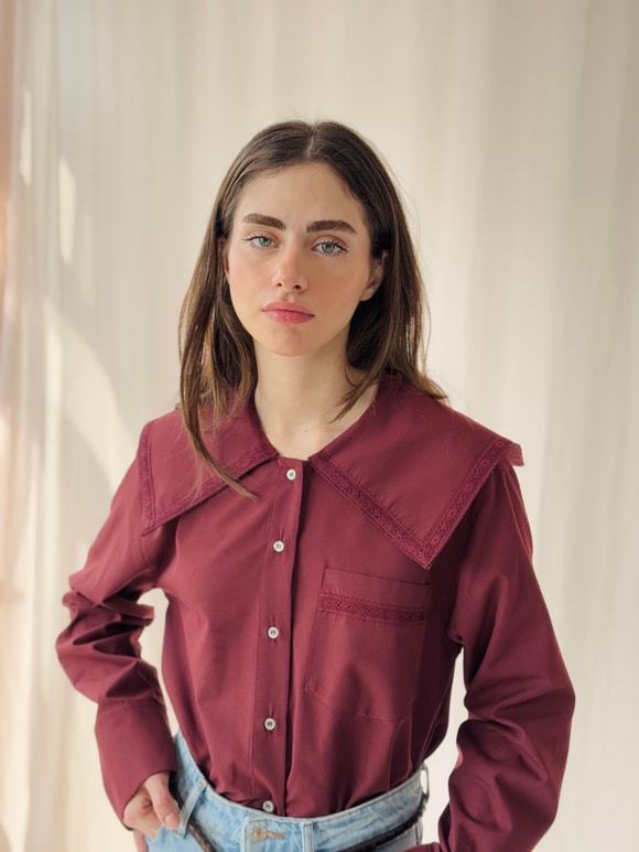 Retrobird Tasarım Dantelli Bebe Yaka Bordo Gömlek