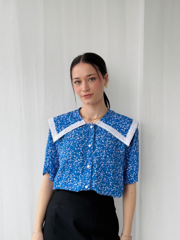Retrobird Tasarım Dantelli Bebe Yaka Mavi Gömlek