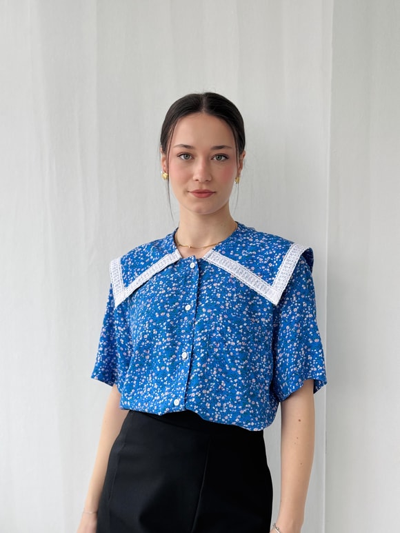 Retrobird Tasarım Dantelli Bebe Yaka Mavi Gömlek