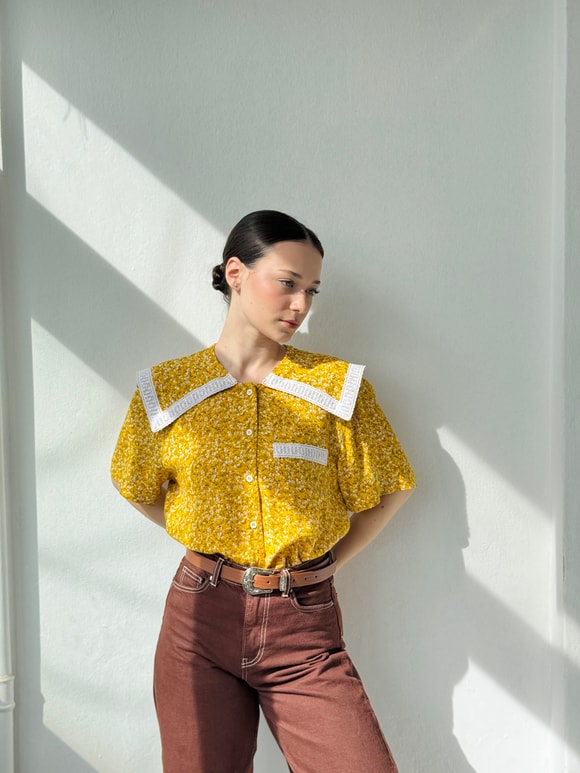 Retrobird Tasarım Dantelli Bebe Yaka Sarı Gömlek