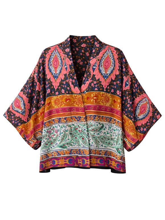 Retrobird Tasarım Etnik Desen Çok Renkli Şifon Mini Kimono