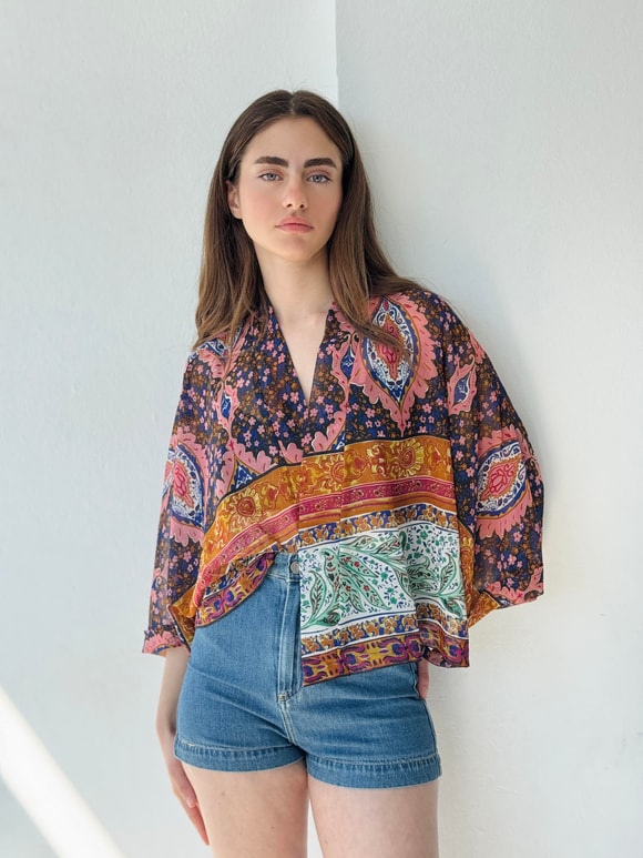 Retrobird Tasarım Etnik Desen Çok Renkli Şifon Mini Kimono