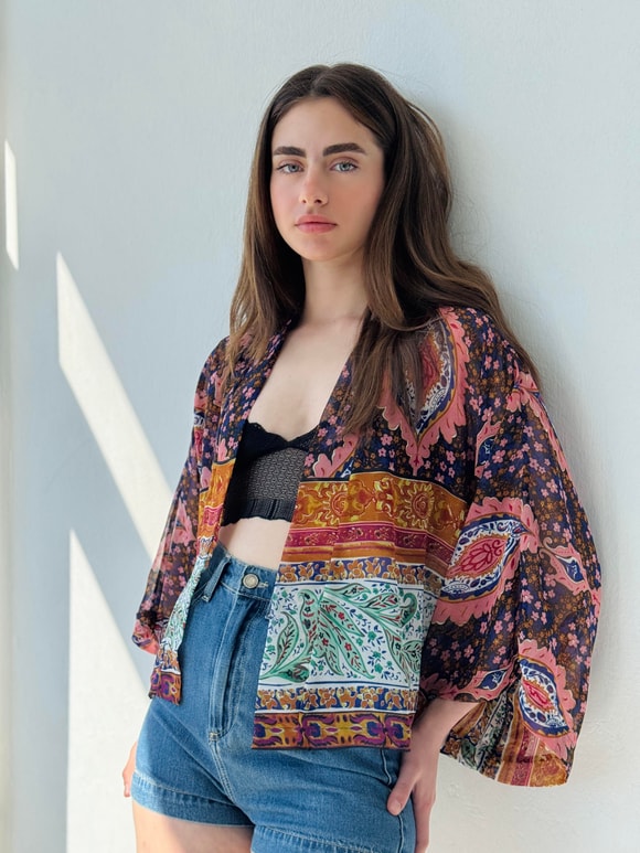 Retrobird Tasarım Etnik Desen Çok Renkli Şifon Mini Kimono
