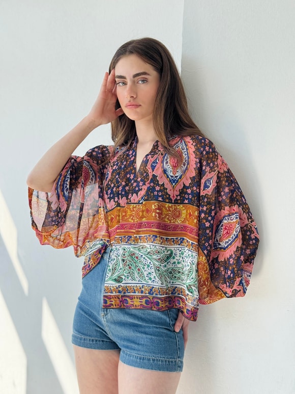 Retrobird Tasarım Etnik Desen Çok Renkli Şifon Mini Kimono