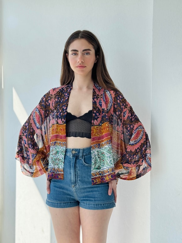Retrobird Tasarım Etnik Desen Çok Renkli Şifon Mini Kimono