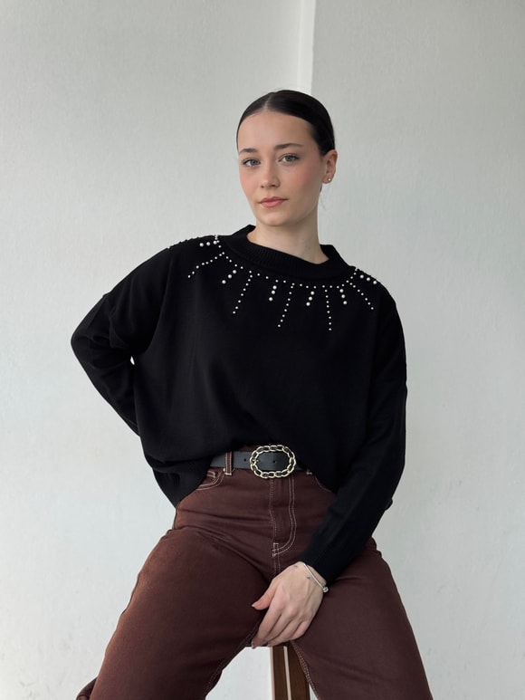 Retrobird Tasarım İnci Detaylı Siyah Retro Triko Üst