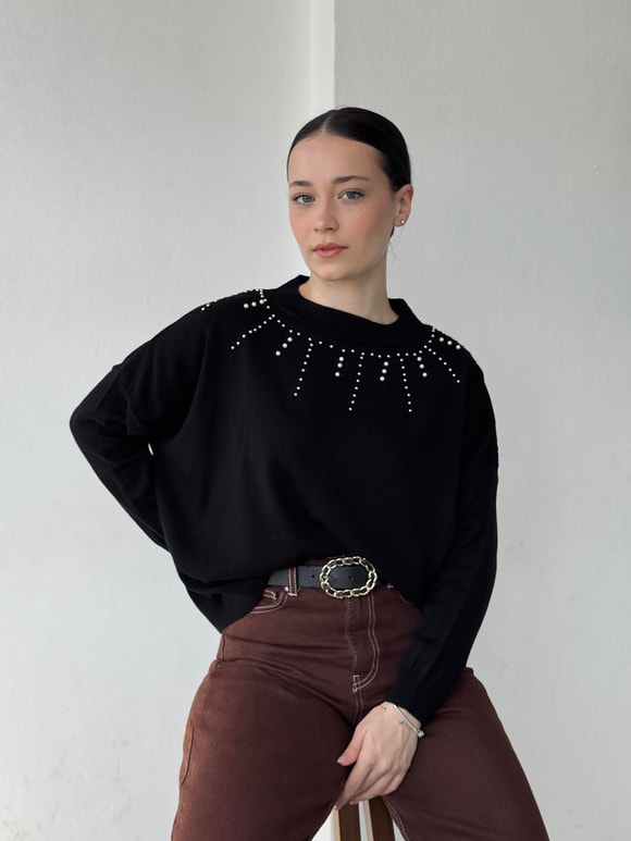 Retrobird Tasarım İnci Detaylı Siyah Retro Triko Üst