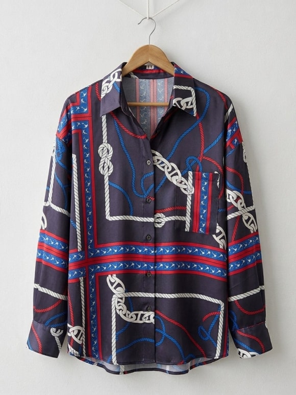 Retrobird Design Marine Patterned Boyfriend Shirt