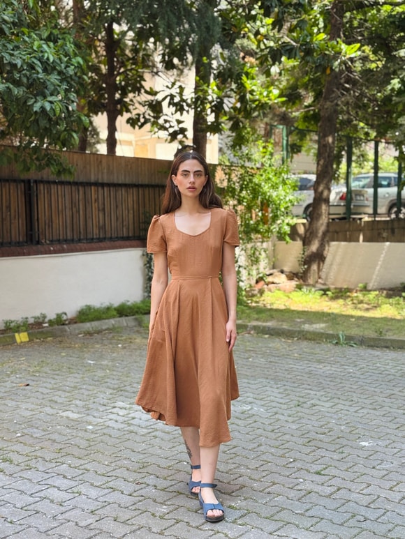 Retrobird Tasarım Matilda Tarçın Renkli Uzun Elbise