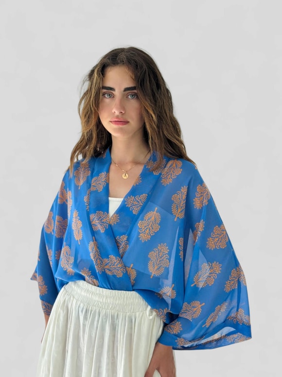 Retrobird Tasarım Mavi Mini Kimono