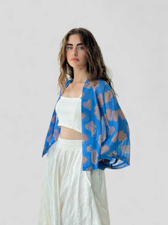 Retrobird Tasarım Mavi Mini Kimono