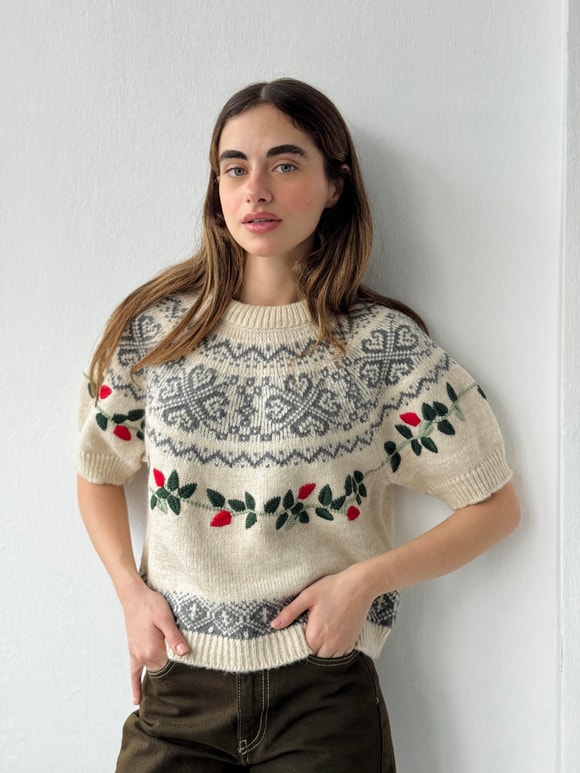 Retrobird Tasarım Nakış İşlemeli Açık Krem Triko Kazak