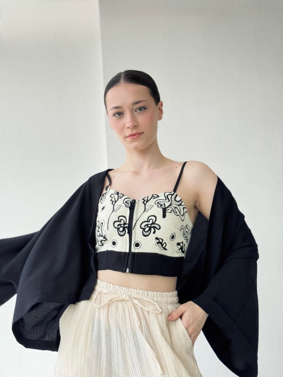 Retrobird Tasarım Krem-Siyah Önden Fermuarlı Büstiyer