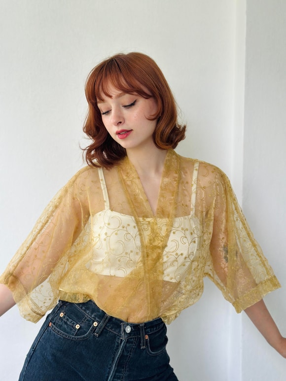Retrobird Tasarım Hardal Organze Mini Kimono