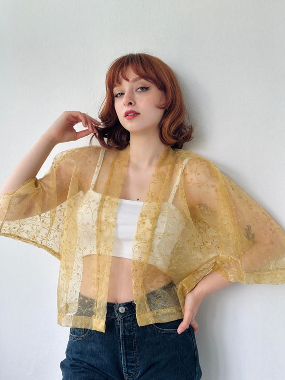 Retrobird Tasarım Hardal Organze Mini Kimono