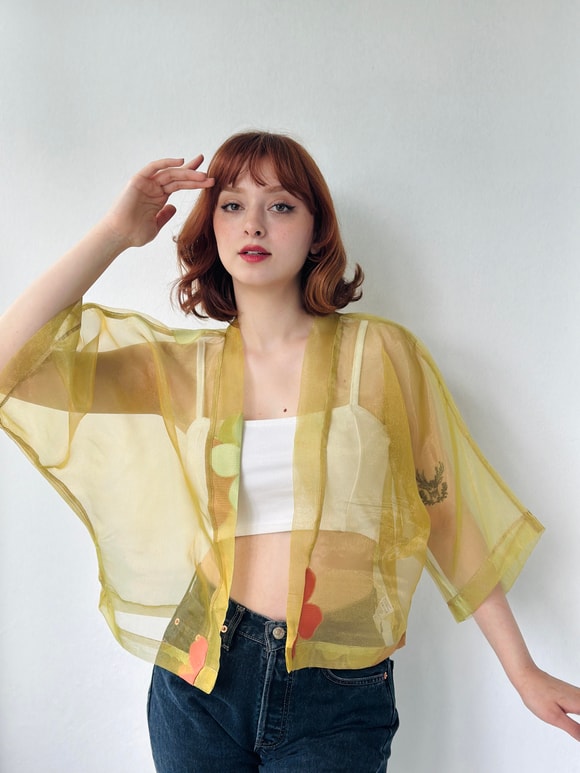 Retrobird Tasarım Açık Yeşil Organze Mini Kimono